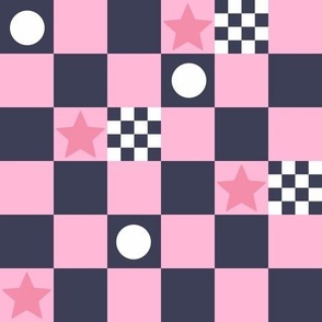 Navy blue and light pink checkerboard with stars - 1.5" each check
