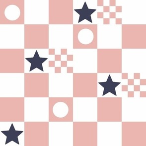 Salmon and white checkerboard with stars- 1.5" each check