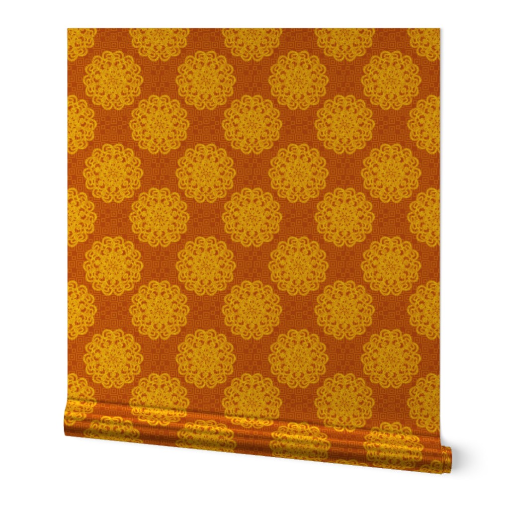 CCFN5 - Vibrant Yellow Mandala on Hollow, Orange, Nesting Checks - 2 inch repeat