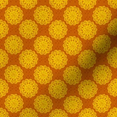 CCFN5 - Vibrant Yellow Mandala on Hollow, Orange, Nesting Checks - 2 inch repeat