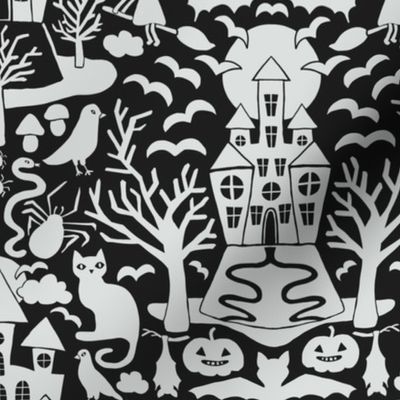 Halloween Damask V1 - Black and White Gothic Spooky Witch Hallow's Eve Dark Pumpkin Cats Moody Halloween - Medium