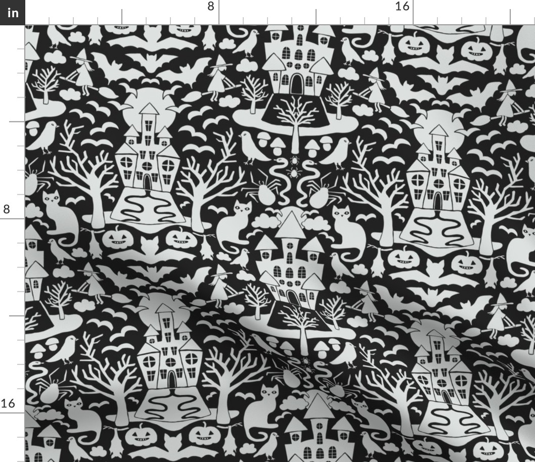 Halloween Damask V1 - Black and White Gothic Spooky Witch Hallow's Eve Dark Pumpkin Cats Moody Halloween - Medium