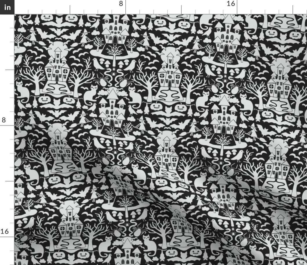 Halloween Damask V1 - Black and White Gothic Spooky Witch Hallow's Eve Dark Pumpkin Cats Moody Halloween - Small