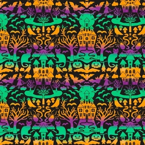 Halloween Damask V8 - Neon Rainbow Gothic Spooky Witch Hallow's Eve Dark Pumpkin Cats Moody Halloween - Medium