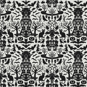 Halloween Damask V1 - Black and White Gothic Spooky Witch Hallow's Eve Dark Pumpkin Cats Moody Halloween - Medium