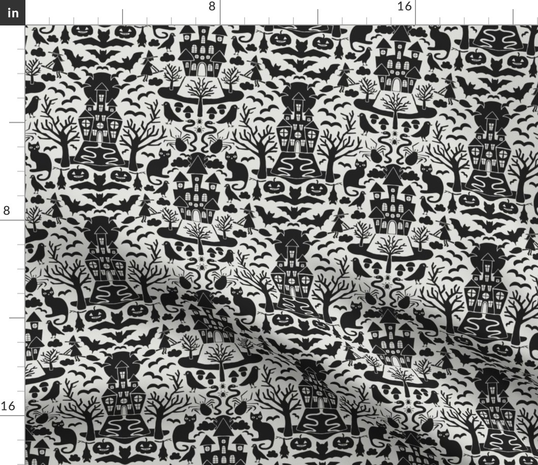 Halloween Damask V1 - Black and White Gothic Spooky Witch Hallow's Eve Dark Pumpkin Cats Moody Halloween - Small