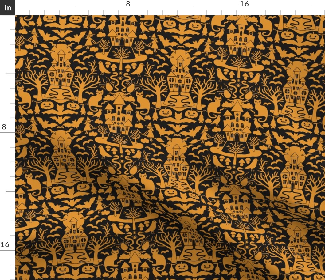 Halloween Damask V4 - Orange and Brown Gothic Spooky Witch Hallow's Eve Dark Pumpkin Cats Moody Halloween - Small