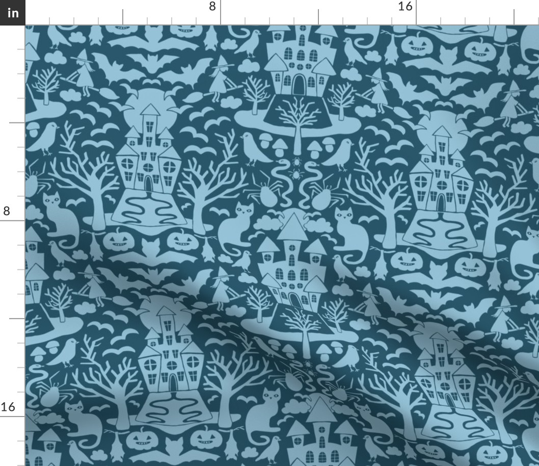 Halloween Damask V5 - Blue and Teal Gothic Spooky Witch Hallow's Eve Dark Pumpkin Cats Moody Halloween - Medium