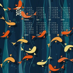 koi fish calendar 2024 - beautiful stylized koi fish in a deep green lake - tea towel and wall hanging