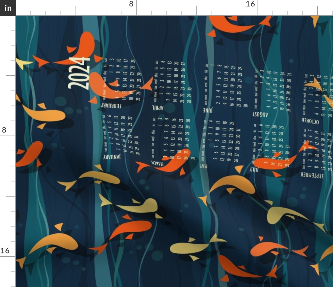 koi fish calendar 2024 - beautiful stylized koi fish in a deep green lake - tea towel and wall hanging