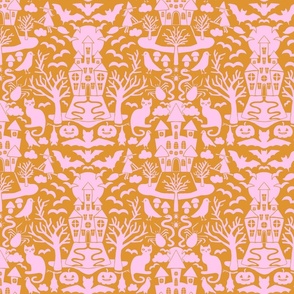 Halloween Damask V6 - Pink and Orange Gothic Spooky Witch Hallow's Eve Dark Pumpkin Cats Moody Halloween - Medium