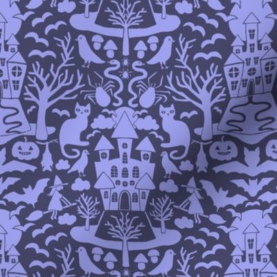 Halloween Damask V9 - Purple and Lilac Gothic Spooky Witch Hallow's Eve Dark Pumpkin Cats Moody Halloween - Small