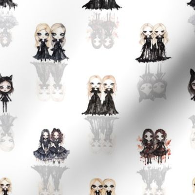 1 1/2 inch Mini Big-Eyed Evil Doll Twins in Black  with Ghostly Reflection Shadows