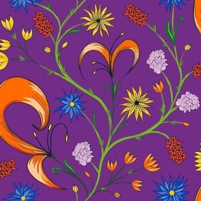 Large Whimsy Trailing Floral Bouquet bright colours hero pattern purple background