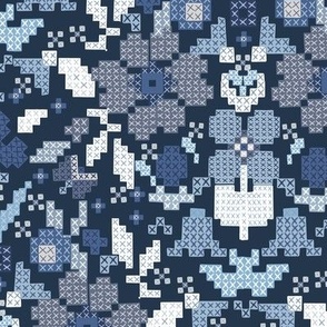 Damask CrossStitch// textured//blue // medium scale// wallpaper// home decor//fabric