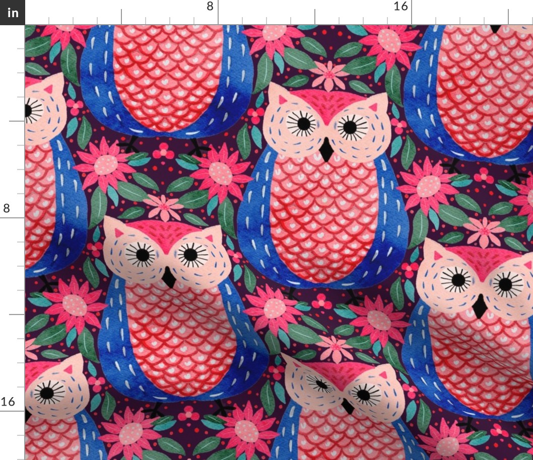 Cute Owl Folk art style Birds of Prey //one directional//medium  scale//fun pattern//kids//wallpaper//home decor//fabric