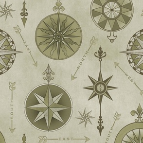 Explore The World Vintage Compass Pattern Olive Green Large Scale