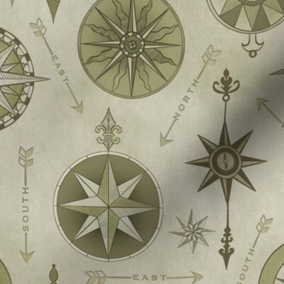 Explore The World Vintage Compass Pattern Olive Green Medium Scale