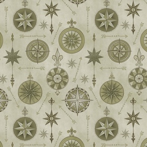 Explore The World Vintage Compass Pattern Olive Green Medium Scale