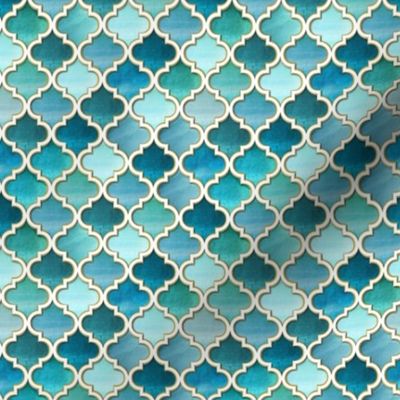 Moroccan Tile pattern in  Teal blue and green watercolor 