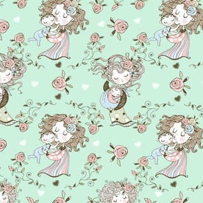 Heartwarming Hand Drawn Mothers and Infants with Roses on Pale Green Pastel