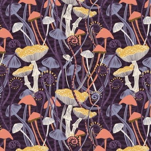 Mushrooms & Ferns tangle | forest cabin woodland wallpaper | eggplant purple, golden mustard yellow, coral / peach, cream, lilac | large