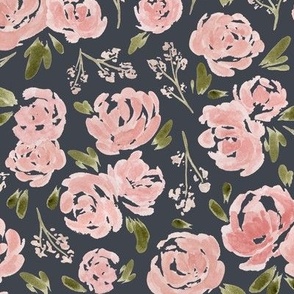 Medium - Sweet Blush Pink Roses - Navy