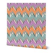 Abstract Chevron 90s Throwback {on White Rock} 80s Retro Black Dots on Purple, Orange and Teal Retro Zig Zag