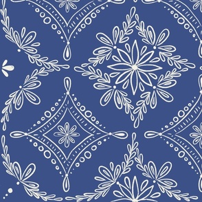 Large/ medium - Hand drawn Boho floral in white and navy blue