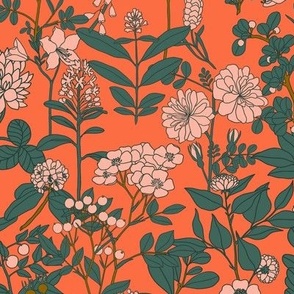 Pink Berries and Blooms in the Forest | Large Version | Arts and Crafts Style Pattern on Red Background