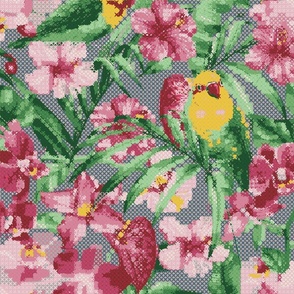 Cross stitch tropical birds and flowers jungle