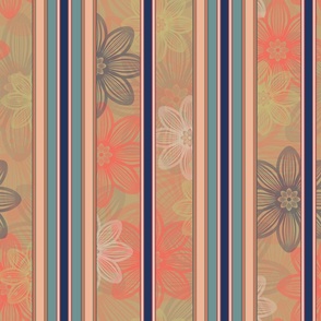 Coastal Chic Linear Flowers  - Stripes - Orange with extra Stripe