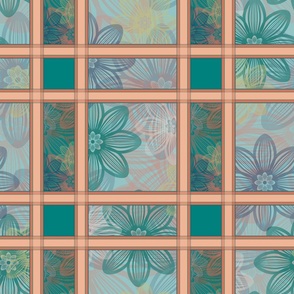 Coastal Chic Linear Flowers  - Plaid - Sea Green and Opal Green