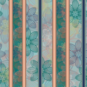 Coastal Chic Linear Flowers  - Stripes - Sea Green and Opal Green with extra Stripe