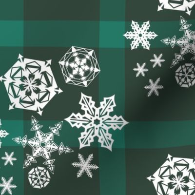 Snowflakes on Teal green plaid 