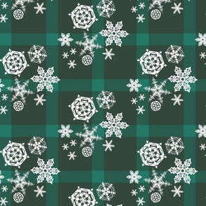 Snowflakes on Teal green plaid 