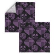 Skulls and roses on ogee and plaid purple.