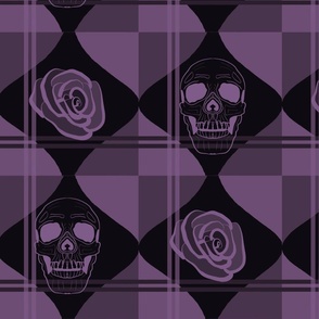 Skulls and roses on ogee and plaid purple.