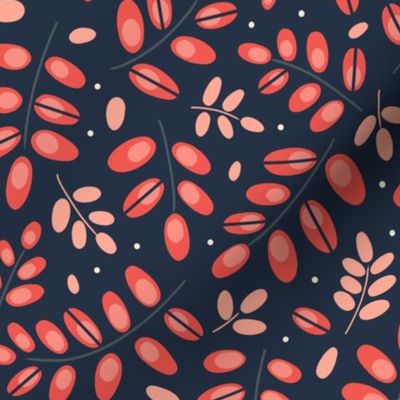 Twigs red on navy blue // normal scale 0002 D //  twig leaves leaf dots navy bright red pink dark background 