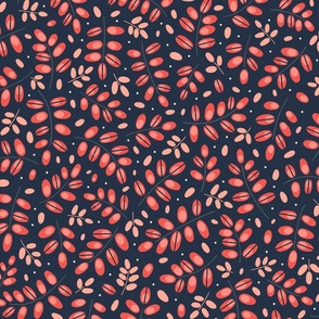 Twigs red on navy blue // normal scale 0002 D //  twig leaves leaf dots navy bright red pink dark background 