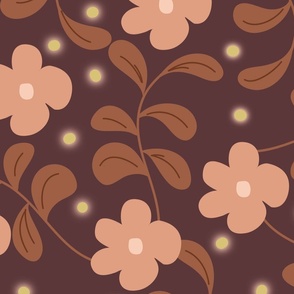 Terracotta flowers on burgundy with fireflies