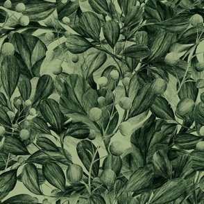 Dark Green naturalistic leaves graphite drawing