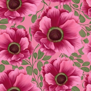 Hand Painted Anemone  Flowers in Preppy Pink and Green