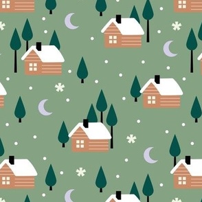 Winter adventures - cabin in the woods retro style moon snowflakes and stars with pine trees christmas woodland theme pine green sage lilac