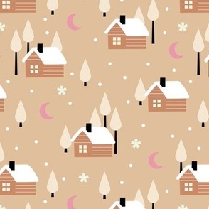 Winter adventures - cabin in the woods retro style moon snowflakes and stars with pine trees christmas woodland theme girls beige tan caramel earthy tones pink seventies vintage palette
