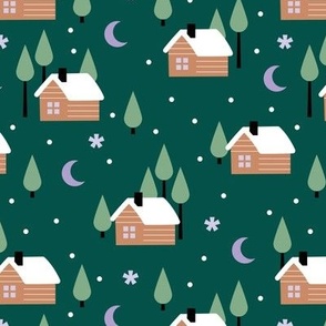 Winter adventures - cabin in the woods retro style moon snowflakes and stars with pine trees christmas woodland theme sage green lilac on pine