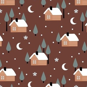 Winter adventures - cabin in the woods retro style moon snowflakes and stars with pine trees christmas woodland theme gray beige on sienna brown vintage palette