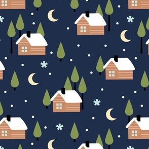 Winter adventures - cabin in the woods retro style moon snowflakes and stars with pine trees christmas woodland theme olive green baby blue on navy night