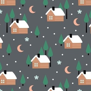 Winter adventures - cabin in the woods retro style moon snowflakes and stars with pine trees christmas woodland theme green blush on gray 