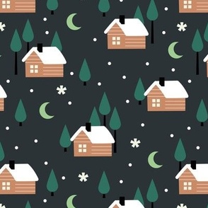 Winter adventures - cabin in the woods retro style moon snowflakes and stars with pine trees christmas woodland theme green jade on charcoal